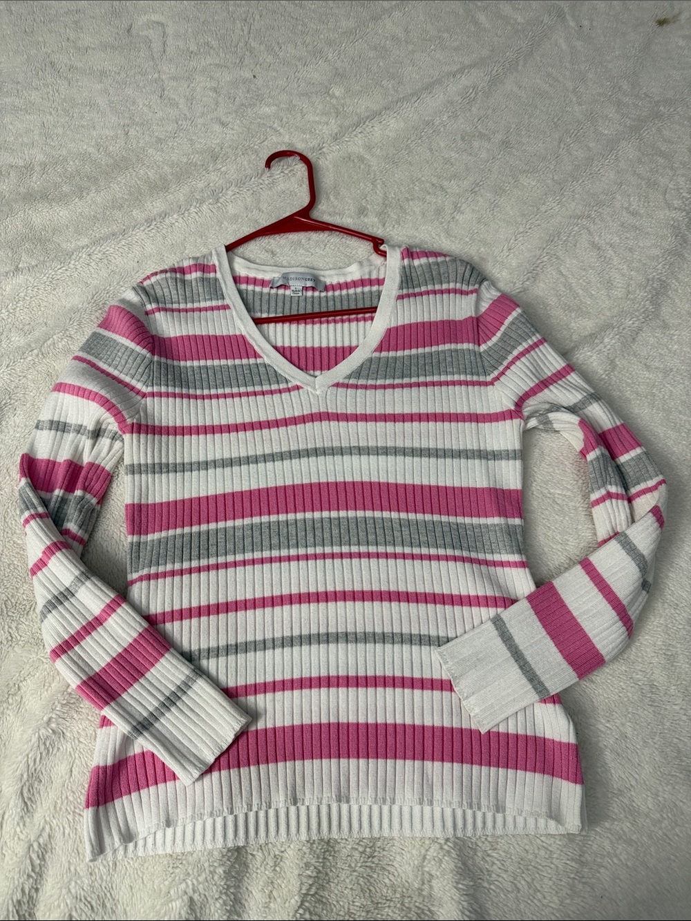 Women’s V-Neck Ribbed Stripe Sweater - White, Pink & Gray